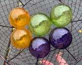 Purple Green Gold Glass Balls, Set of 6 Pond Floats, 2.75" Hand Blown Decorative Garden Art Spheres, Mardi Gras Colors, Avalon Glassworks