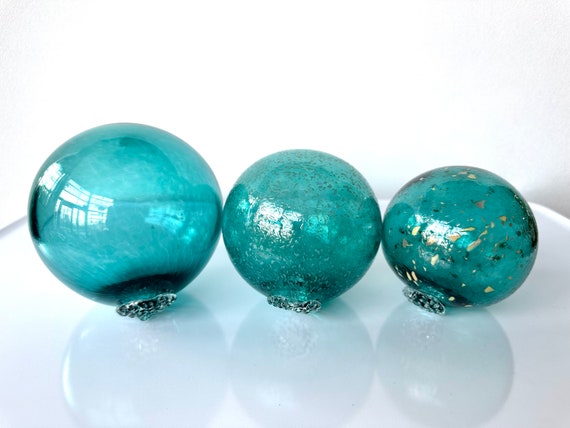 Japanese Fishing Float Style Glass Balls, Set of 3 Hand Blown Aqua Blue  Green Turquoise Garden Art Spheres, Coastal Decor, Avalon Glassworks 