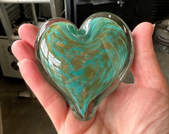 Turquoise & Gold Fleck Glass Heart, 3" Solid Teal Blue Green Paperweight Sculpture, Appreciation Anniversary Wedding Gift, Avalon Glassworks