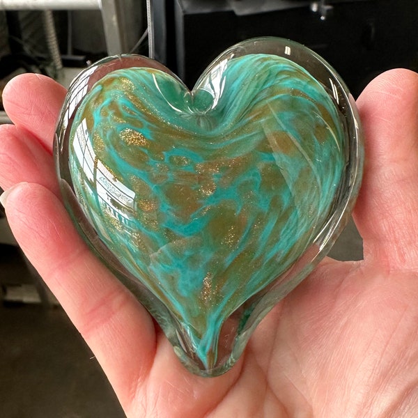 Turquoise & Gold Fleck Glass Heart, 3" Solid Teal Blue Green Paperweight Sculpture, Appreciation Anniversary Wedding Gift, Avalon Glassworks