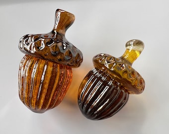 Amber Glass Acorns, Set of 2 Seed Pod Sculptures, Solid Paperweights, Thanksgiving Autumn Fall Nature Oak Tree Decor, Avalon Glassworks