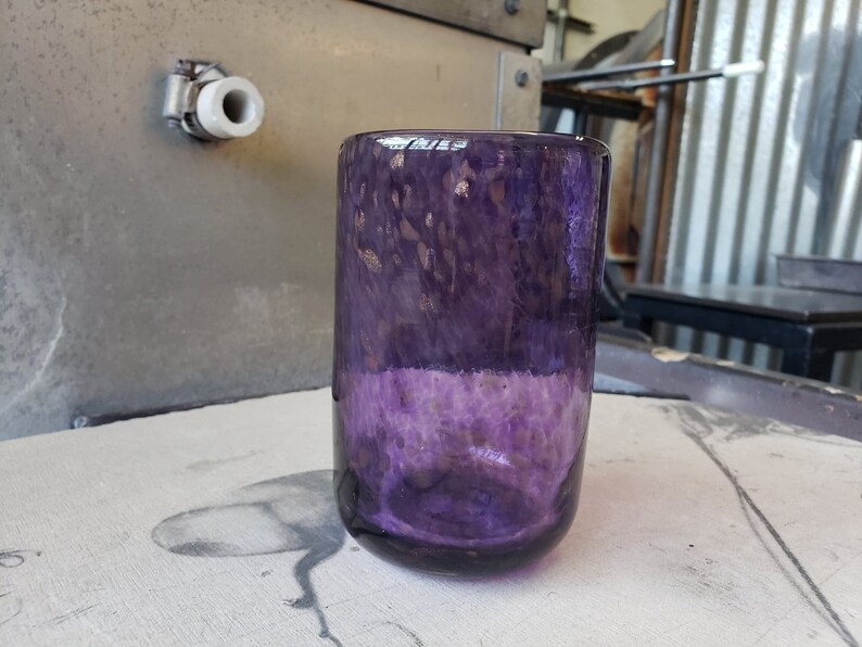 Purple Gold Glass Desk Accessory Set With Heart Paperweight And Pen Cup In Transpa Flecks By Avalon Glassworks