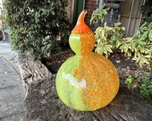 Orange Light Green Blown Glass Gourd, 6" Decorative Squash Sculpture, Orange Stem, Fall Autumn Thanksgiving Centerpiece, Avalon Glassworks