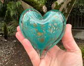 Turquoise & Gold Fleck Glass Heart, Solid Teal Blue Green Paperweight Sculpture, Appreciation Anniversary Wedding Gift, Avalon Glassworks