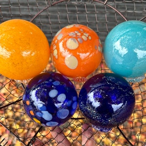 Blue Orange Turquoise Nautical Glass Floats, Set of 5 Hand Blown Spheres, Interior Design Balls, Garden Art Decor Orbs, Avalon Glassworks image 1