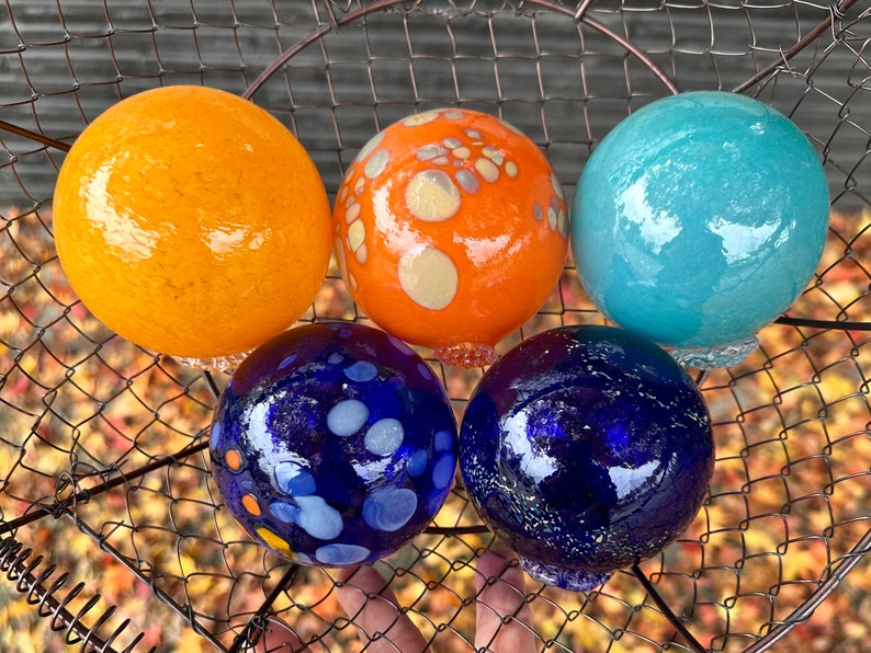 Blue Orange Turquoise Nautical Glass Floats, Set of 5 Hand Blown Spheres, Interior Design Balls, Garden Art Decor Orbs, Avalon Glassworks image 1