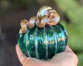 Aqua Blue & Gold Blown Glass Pumpkin: Autumn Decoration, 3.5" Sculpture - Avalon Glassworks