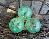Jade Green Spot Blown Glass Floats: Set of 3 Garden Balls, 3" Orbs - Avalon Glassworks