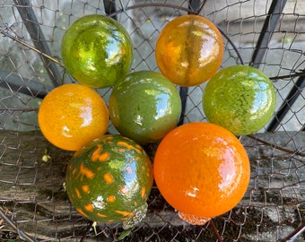 Olive Green and Orange Glass Floats, Set of 7 Hand Blown Interior Design Spheres, Garden Decor, Avocado Gold 1970s Colors, Avalon Glassworks