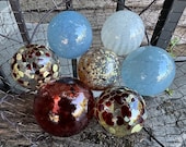 Glass Stack Balls, Sky Blue Red Autumn Tones, Set of 7 Decorative Spheres, Basket Filler, Garden Orbs Bulbs Floats Globes, Avalon Glassworks