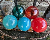 Blown Glass Floats: Set of 5 Turquoise & Red Decor Balls, 2.5" Orbs - Avalon Glassworks