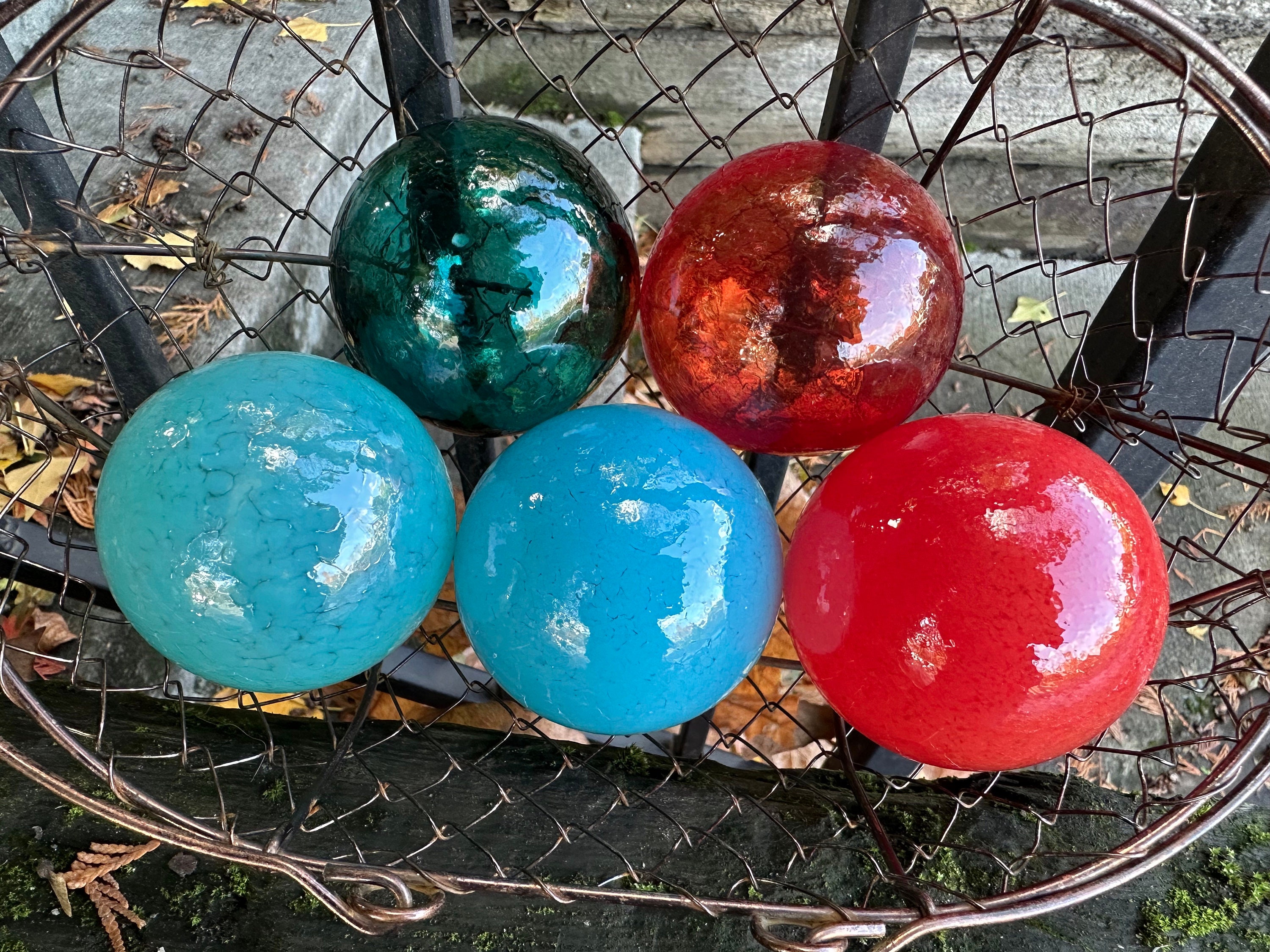 Blown Glass Floats Set Of 5 Turquoise & Red Decor Balls, 2.5" Orbs - Avalon Glassworks