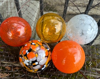 Orange White Black Glass Floats, Set of 5 Hand Blown Pond Balls 3.5" Interior Design Spheres Outdoor Garden Art Decor Orbs Avalon Glassworks