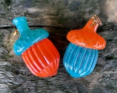 Turquoise & Orange Glass Acorns: Set of 2 Autumn Table Decorations, 3" Sculptures - Avalon Glassworks