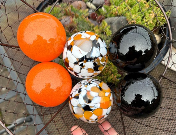 Set of 6 Orange Black White Decorative Glass Balls, 2.75