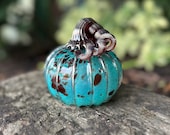 Turquoise Dark Red Blown Glass Pumpkin, Burgundy Spots, Curly Ribbed Stem, Decorative Autumn Fall Halloween Art Sculpture, Avalon Glassworks