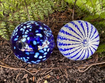 Cobalt Blue and White Glass Floats, Set of 2 Hand Blown Floating Garden Balls, 3" Interior Design Art Spheres Home Decor, Avalon Glassworks