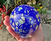 Blown Glass Float, Lapis Blue, Beige Turquoise Spots, 3.5" Outdoor Garden Art Floating Pond Ball, Coastal Nautical Decor, Avalon Glassworks
