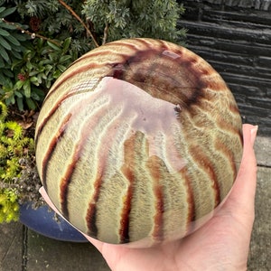 Cat's Eye Blown Glass Float, 4.5 Dark Red Beige Stripe Garden Ball, Outdoor Art Pond Orb, Interior Design Decor Sphere, Avalon Glassworks image 9