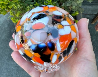 Goldfish Float, 3.5" Blown Glass Ball, Orange White Black Spots, Koi Pond Garden Art Decor Sphere, Interior Design Orb, Avalon Glassworks