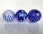 Blue and White Floats, Set of 3 Decorative Art Glass Balls, Nautical Interior Design, Hand Blown Garden Orbs Pond Spheres, Avalon Glassworks