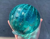 Blown Glass Float, Aqua Blue Transparent with Opaque Turquoise Dotted Stripe, 4" Decorative Sphere, Outdoor Garden Art, Avalon Glassworks