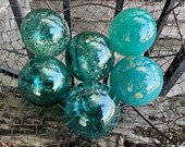 Turquoise Aqua Blue Hand Blown Glass Balls, Set of 6 Nautical Pond Floats, Garden Art Orbs, Basket Filler Design Spheres, Avalon Glassworks