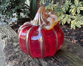 Garnet Red Glass Pumpkin, Hand Blown 4.25" Squash, Gold Ribs Coil Twist Stem, Autumn Thanksgiving Fall Table Centerpiece, Avalon Glassworks