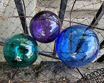 Sea Glass Balls, Blue Purple Green, Set of 3 Hand Blown Pond Floats, 2.5”-3" Interior Design Spheres, Outdoor Garden Orbs, Avalon Glassworks
