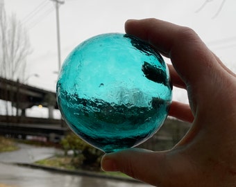 Single Float, Aqua Blue Green 2.625" Hand Blown Glass Decorative Ball Small Transparent Interior Design Sphere Garden Orb, Avalon Glassworks