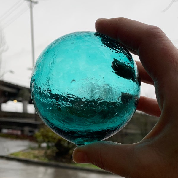 Single Float, Aqua Blue Green 2.625" Hand Blown Glass Decorative Ball Small Transparent Interior Design Sphere Garden Orb, Avalon Glassworks