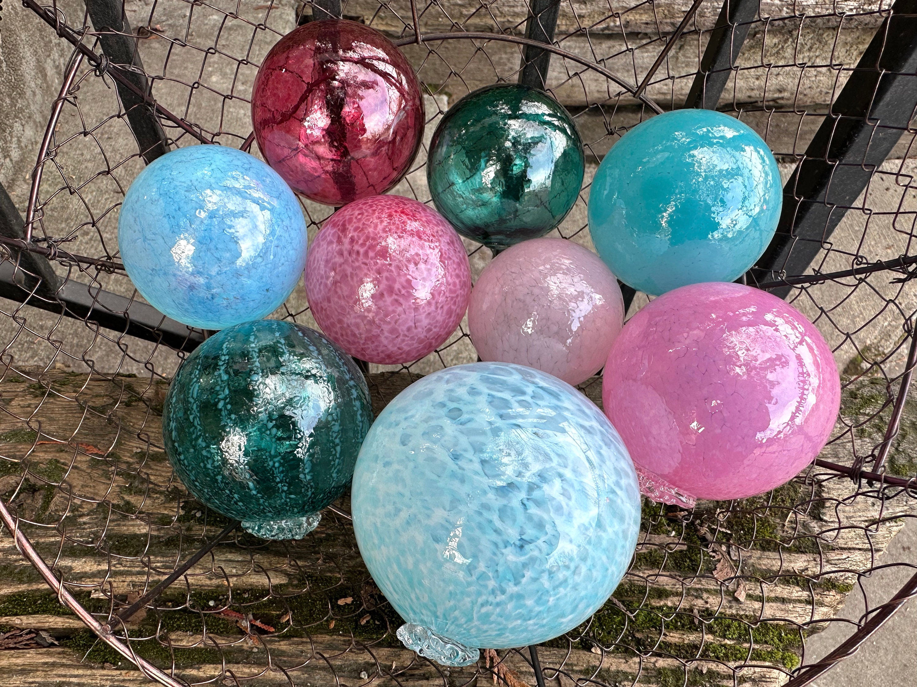 Turquoise and Pink Blown Glass Floats, Set of 9 Outdoor Decor
