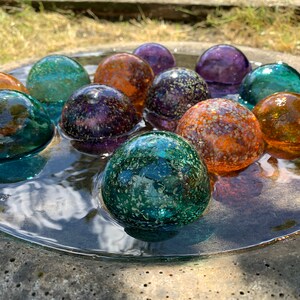 Teal Orange Purple Spot Floats, Set of 12 Decorative Blown Glass Balls Small Pond Spheres Outdoor Garden Art Coastal Decor Avalon Glassworks image 4