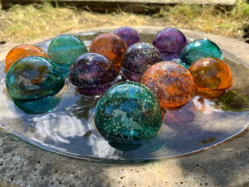 Teal Orange Purple Spot Floats, Set of 12 Decorative Blown Glass Balls Small Pond Spheres Outdoor Garden Art Coastal Decor Avalon Glassworks image 4