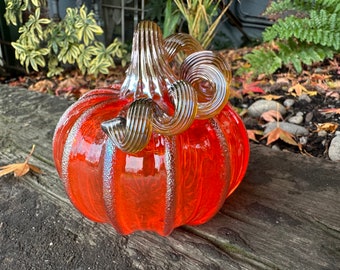 Orange Glass Pumpkin, 4" Transparent Decorative Gourd, Gold Ribs and Coil Stem, Hand Blown Autumn Art Table Centerpiece, Avalon Glassworks