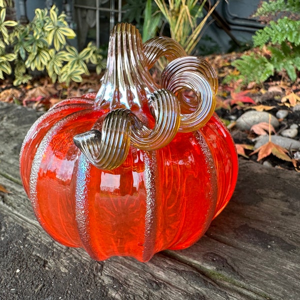 Orange Glass Pumpkin, 4" Transparent Decorative Gourd, Gold Ribs and Coil Stem, Hand Blown Autumn Art Table Centerpiece, Avalon Glassworks