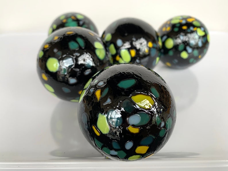 End-of-the-Day Mix Blown Glass Balls, Set of 5 Black Floats, 2.53 Garden Decor, Outdoor Art Spheres, Basket Filler, Avalon Glassworks image 2