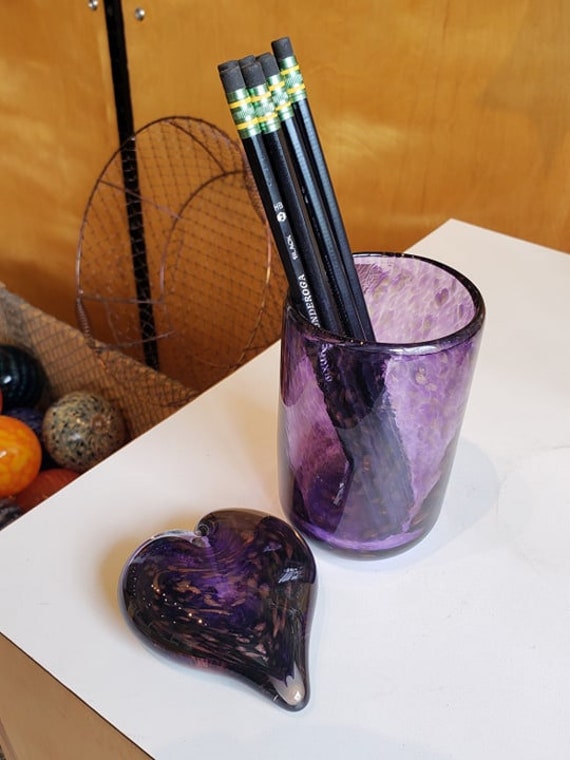 Purple Gold Glass Desk Accessory Set With Heart Paperweight Etsy