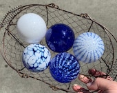 Blue and White Floats, Set of Five Small Decorative Art Glass Balls, Nautical Pond Spheres, Garden Art, Outdoor or Indoor, Avalon Glassworks