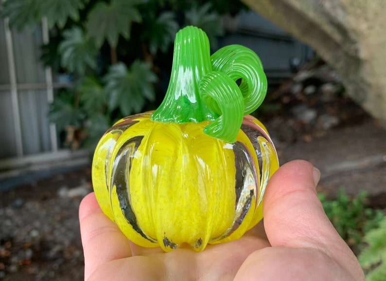 Yellow Glass Pumpkin Green Coil Stem 3 Paperweight image 2