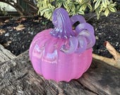Pink Glass Pumpkin Decoration: Lavender Purple Stem, 3.75" Sculpture - Avalon Glassworks