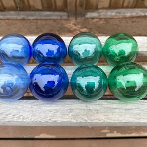 Beach Glass Floats, Set of 8 Smallest Blown Glass 2.5&quot; Balls, Blue Green Aqua Cobalt Interior Design Spheres, Garden Orbs, Avalon Glassworks