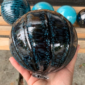 Turquoise and Black Floats Set of 5 Hand Blown Glass Garden image 5