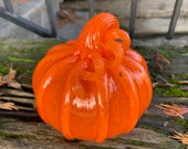 Orange Blown Glass Pumpkin, 4.75" Monochrome Gourd Sculpture, Curly Coil Stem, Halloween Thanksgiving Centerpiece Decor, Avalon Glassworks