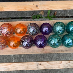 Teal Orange Purple Spot Floats, Set of 12 Decorative Blown Glass Balls Small Pond Spheres Outdoor Garden Art Coastal Decor Avalon Glassworks image 2