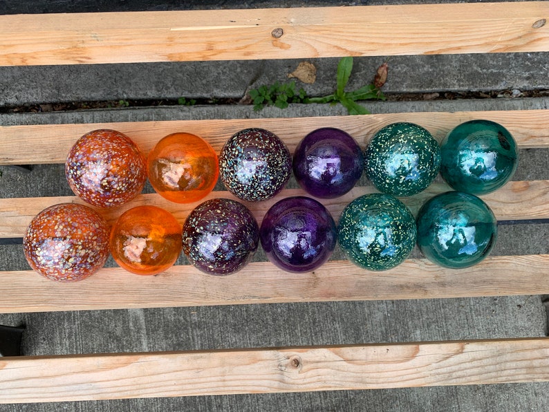 Teal Orange Purple Spot Floats, Set of 12 Decorative Blown Glass Balls Small Pond Spheres Outdoor Garden Art Coastal Decor Avalon Glassworks image 2