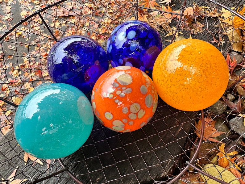 Blue Orange Turquoise Nautical Glass Floats, Set of 5 Hand Blown Spheres, Interior Design Balls, Garden Art Decor Orbs, Avalon Glassworks image 5