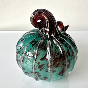 Turquoise Dark Red Blown Glass Pumpkin Burgundy Spots Curly image 8