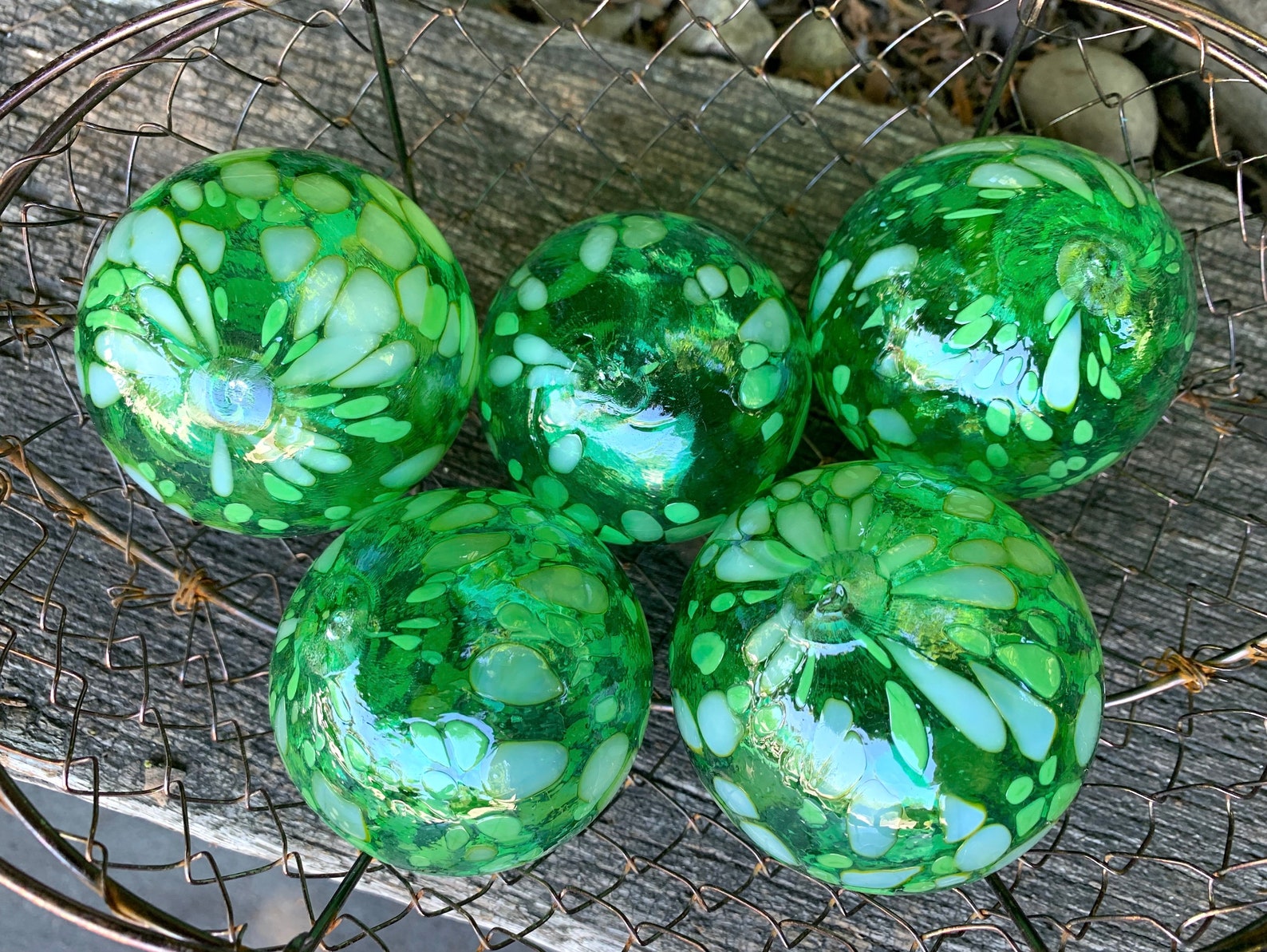 Emerald Green Spot Glass Balls Set of 5 Small Hand Blown Pond Etsy