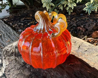 Orange Glass Pumpkin, 4&quot; Transparent Decorative Gourd, Gold Ribs and Coil Stem, Hand Blown Autumn Art Table Centerpiece, Avalon Glassworks